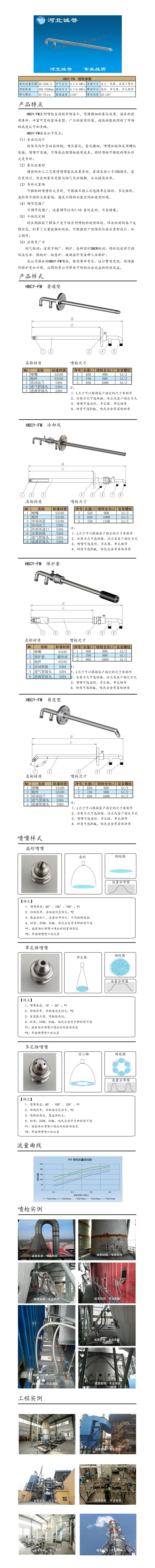 電廠脫硝噴槍保護(hù)套、噴槍參數(shù)、材質(zhì)尺寸、流量分布圖、扇形空心錐俯視圖介紹，以及噴槍霧化視頻展示和工程案例介紹